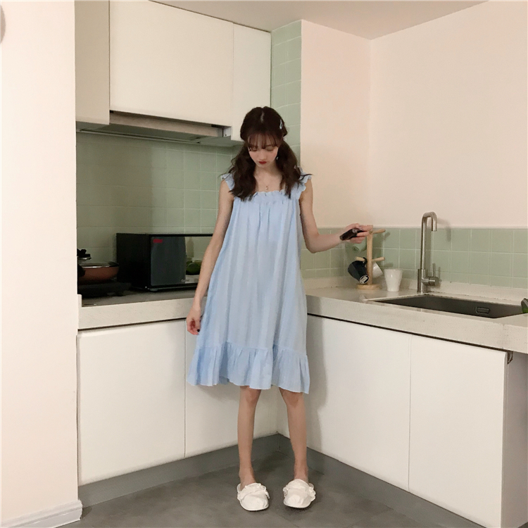 フリルデザインフレアワンピース ミニワンピース 膝丈 ルームウェア ルームワンピ 部屋着 パジャマ 可愛い フェミニン ふんわり お揃い レディース S M L Xl 2色 Macaron