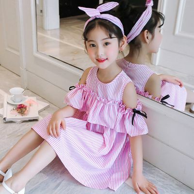 ママサイズ有 肩開き ストライプ ワンピース 110 150cm ママサイズ 2カラー 半袖 肌見せ フレア ワンピ ラウンドネック 19s S 爽やか 夏服 韓国 子供服 女の子 ガールズ キッズ P171 A Dear Child