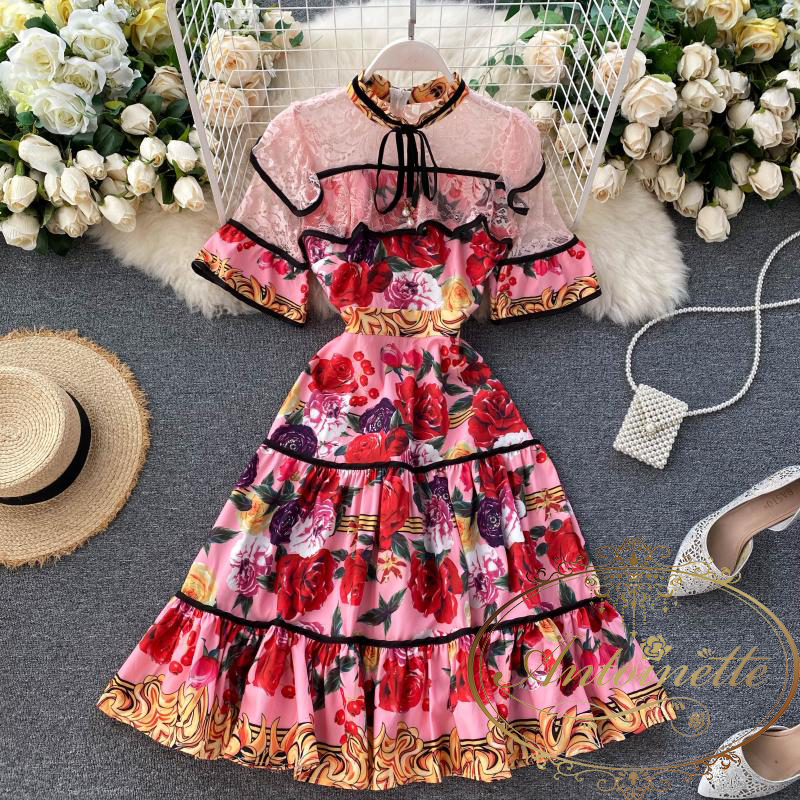 薔薇 ヴィンテージ 華やか ワンピース ピンク レッド Ladies One Piece Flower Feminine Antoinette