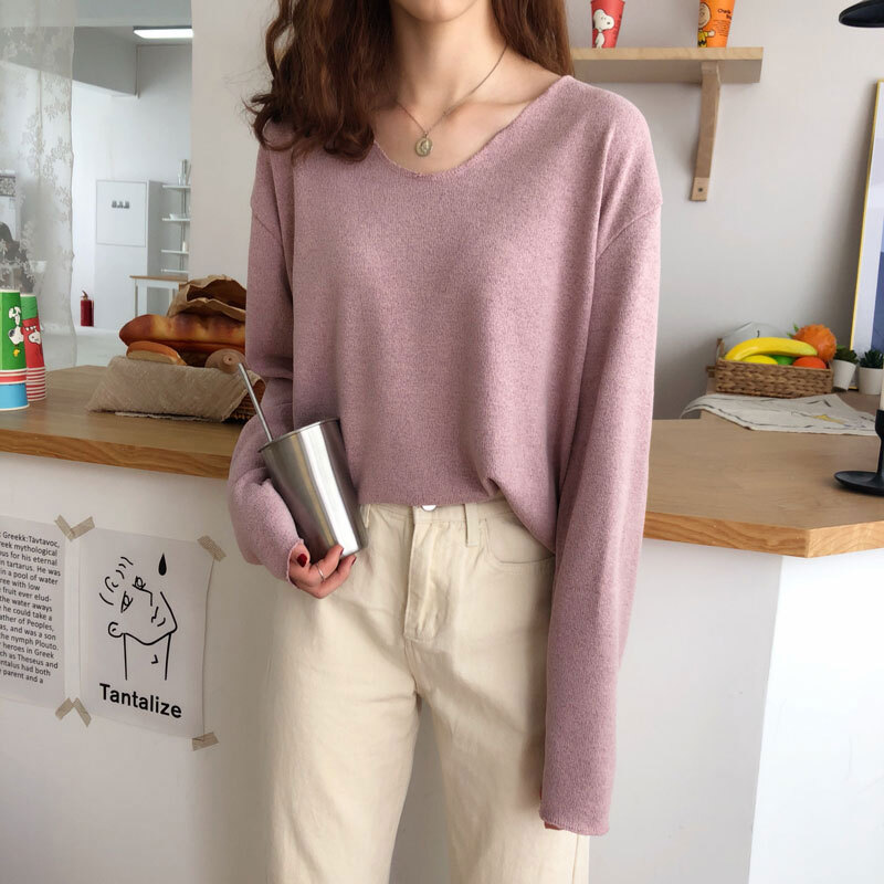 翌営業日発送 ゆうパケット対応 Uネックニットトップス 全5色 トップス ニット セーター 長袖 Vネック ソリッドカラー かわいい 人気 レディース 安い 韓国ファッション 5600 Sinsakumall
