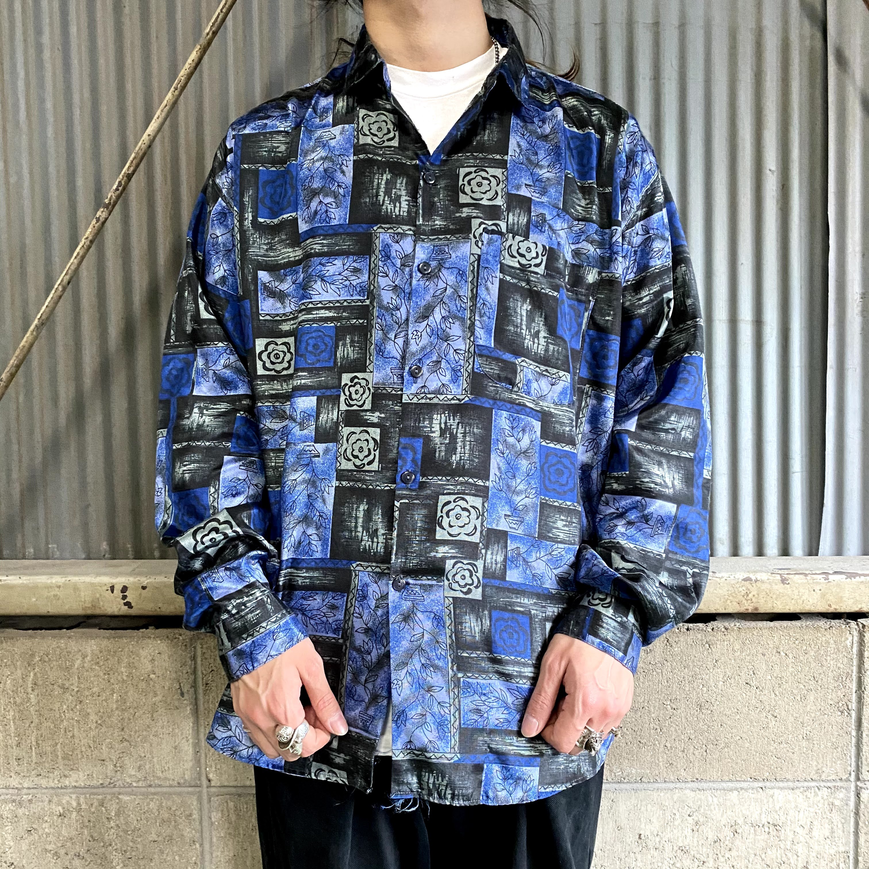 爆買い Vintage 柄シャツ シルクシャツ アート柄 長袖 メンズ Lサイズ相当 シャツ Hr Com