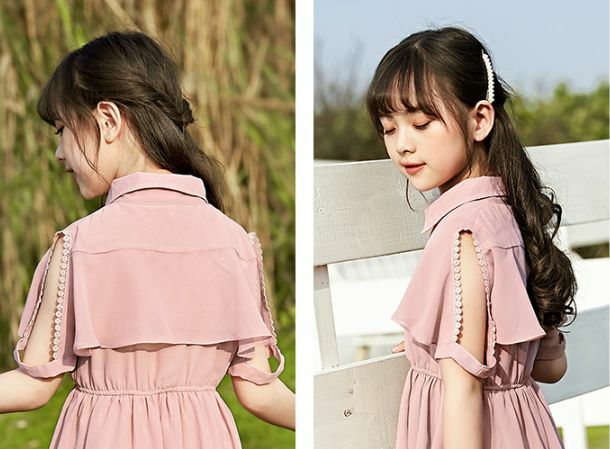 肩開き 半袖 シャツ風 サマー ワンピース 110 150cm シャツワンピ ウエスト切り替え フレア Aライン フロントボタン おでかけ 19s S 韓国 子供服 女の子 ガールズ キッズ P143 A Dear Child