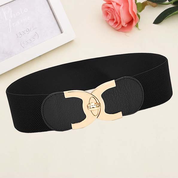 バックル 幅広 ゴムベルト レディース ゴールド バックル 金 エレガント コルセットベルト サッシュベルト パーティードレス ワンピース チュニック シャープ ブラック Cosmo Store