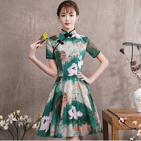 ミニチャイナドレス ワンピース 二次会 キャバドレス パーティー 女子会 同窓会 お呼ばれ 入学式 花柄 グリーン 半袖 緑 S M L 2l 3l大きいサイズ Elegant
