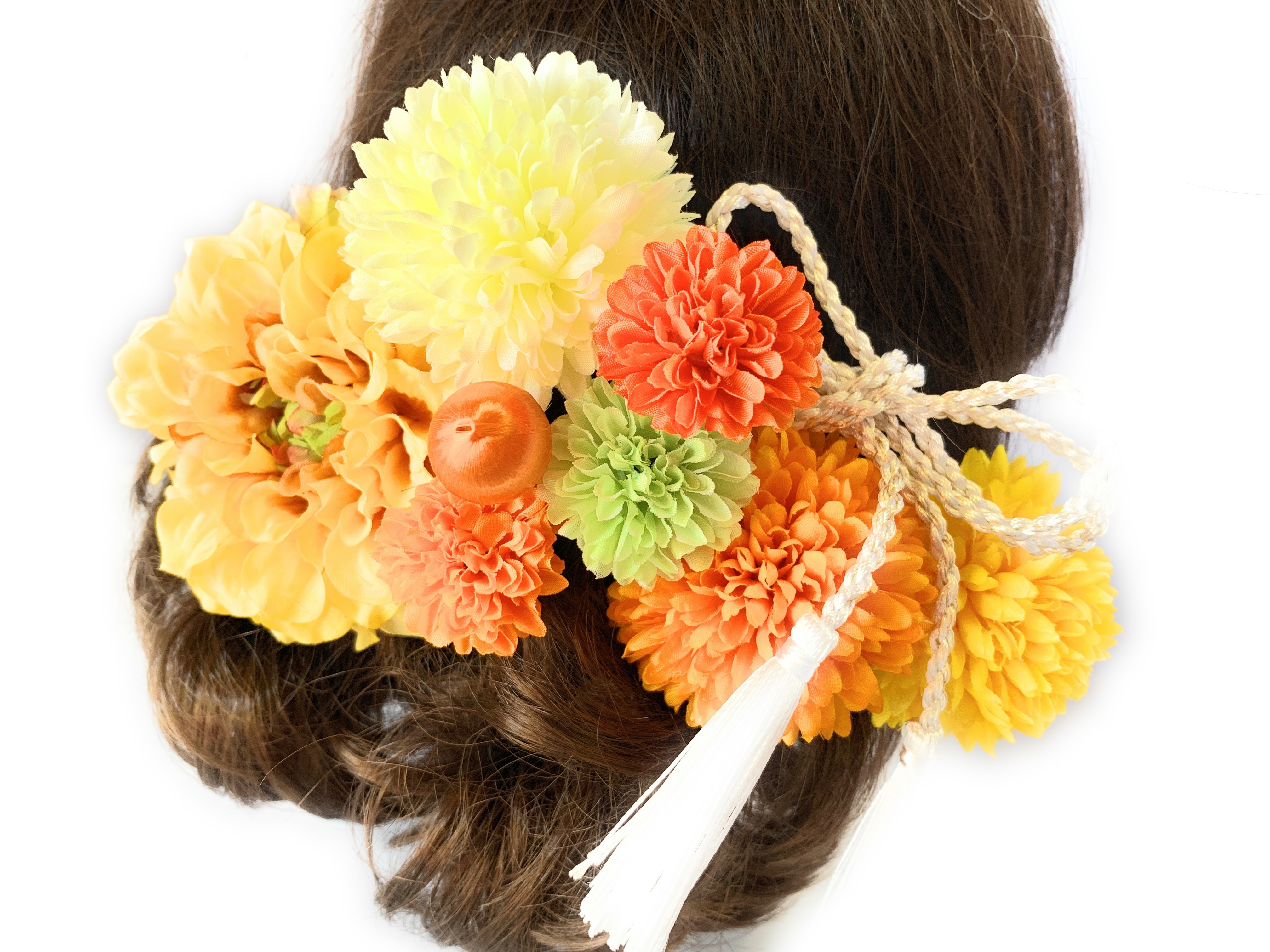 黄色オレンジ色 ダリアとマムの8点セット髪飾り フラワーハーモニー
