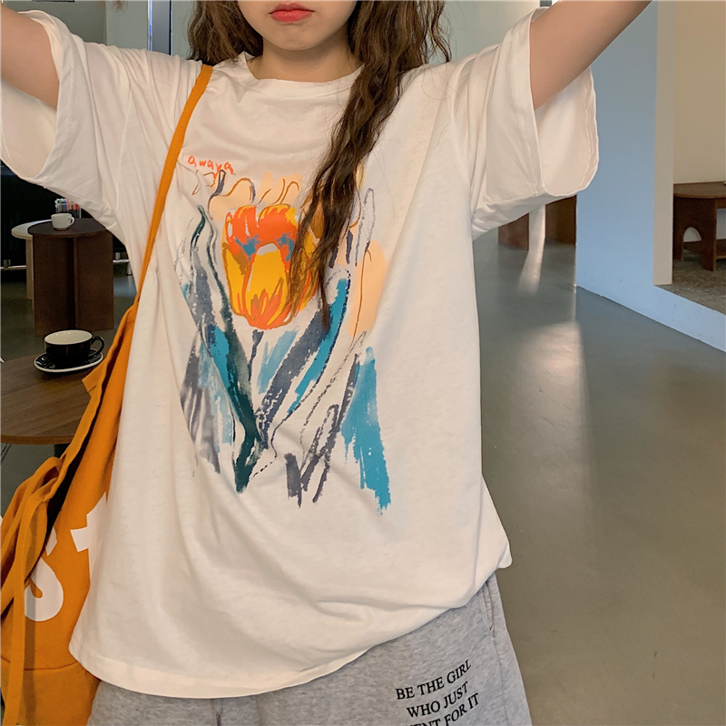 ゆうパケット対応 フラワープリントtシャツ 全2色 Tシャツ ビッグtシャツ トップス 花柄 プリント 半袖 かわいい 人気 レディース 安い 韓国ファッション 4169 Sinsakumall