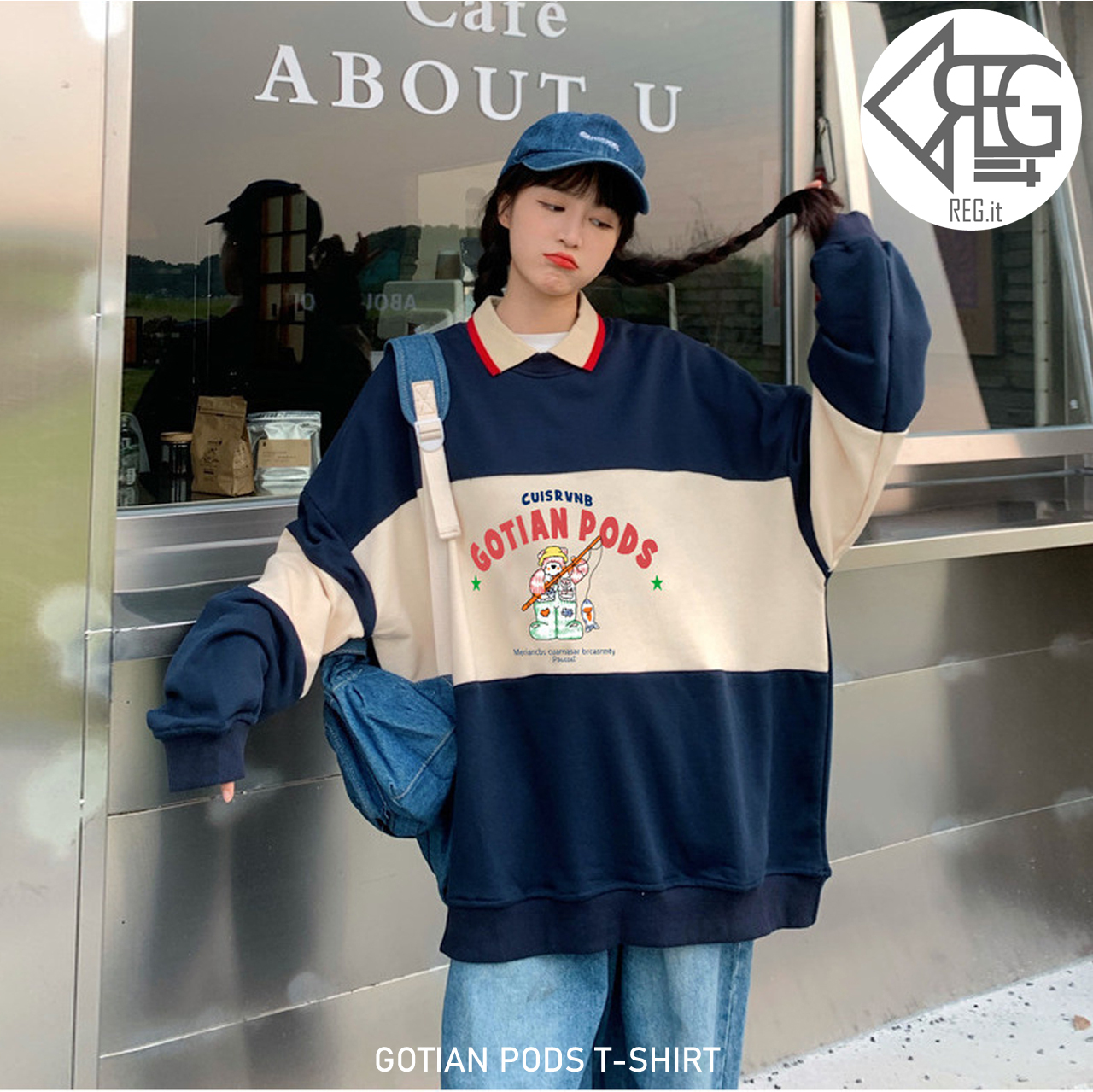 Regit Gotian Pods T Shirt Navy 韓国ファッション 10代代 オーバーサイズ ポロシャツ プチプラコーデ 着回し ｔシャツ ティーシャツ レトロ Regit