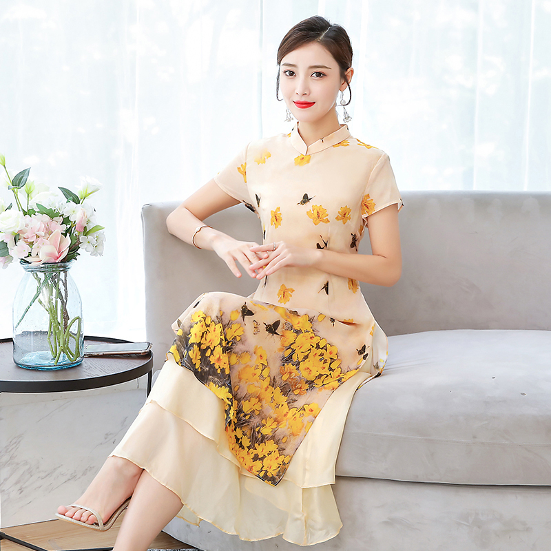 チャイナ風ワンピース アオザイ ドレス チャイナ風服 中華服 改良唐装 改良漢服 スタンドネック 半袖 ロング丈 大きいサイズ M L Ll 3l 4l 5l 普段着 ピンク イエロー 花柄 Elegant