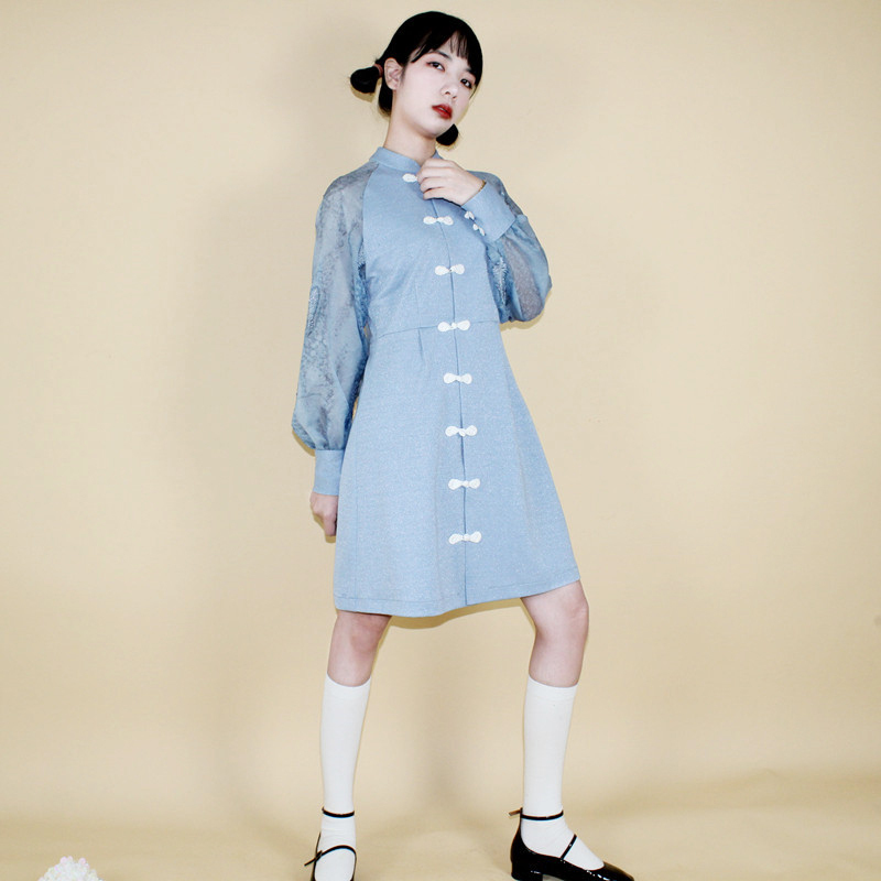 チャイナ風ワンピース 改良唐装 中華服 普段着 S M L 膝丈 Bling Bling 超可愛い ブルー 青い 青春シリーズ Elegant