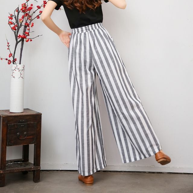 リネンストライプパンツ ボトムス レディース パンツ ワイドパンツ リネン ストライプ ハイウエスト フレンチ フェミニン きれいめカジュアル 夏 春 Pn 0169 Y Happy Orurea ハッピーオルレア