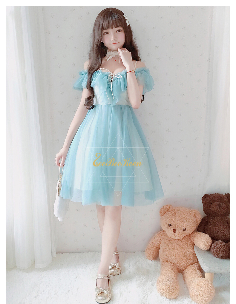 ブルーシフォンドレスワンピース ホワイトリボンベルト Dolly Clock