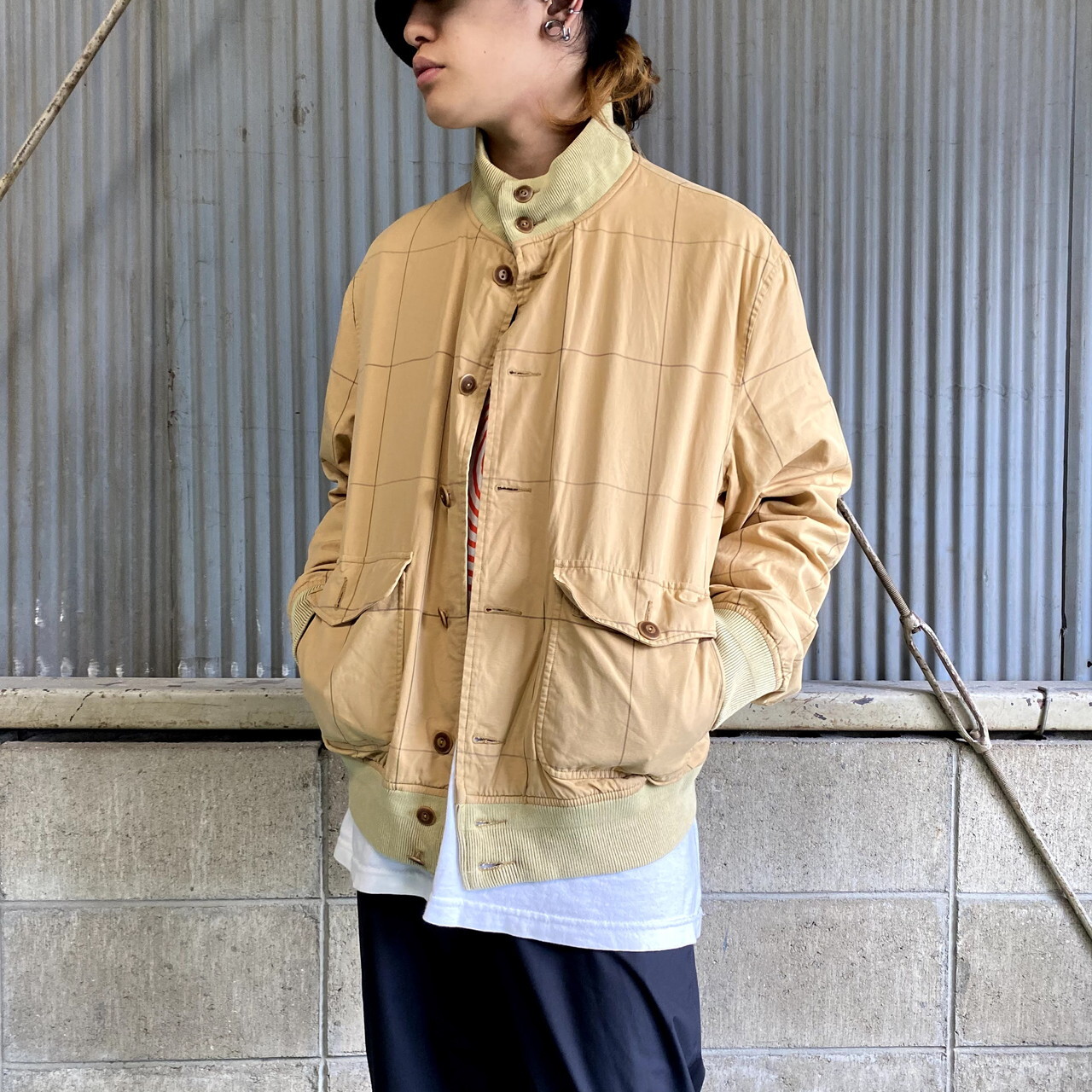 ポロバイラルフローレン 格子柄 スポーツジャケット メンズl 古着 スイングトップ Polo By Ralph Lauren リブ切り替え ハイネック ベージュ ブルゾン ジャケット Al Cave 古着屋 公式 古着通販サイト