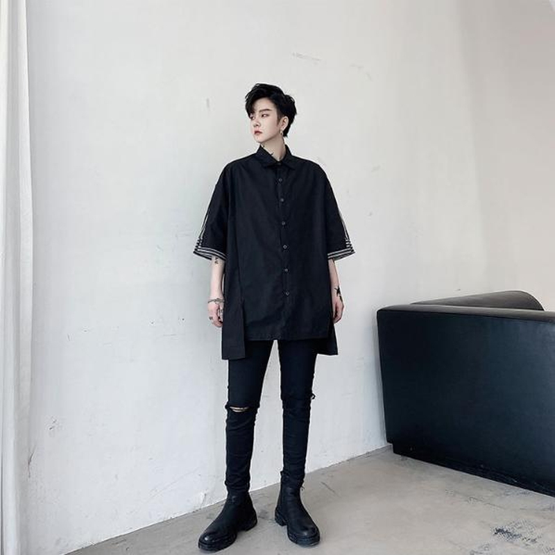 モード系 メンズ シャツ 半袖 モノカラー ヘム丈 ショルダーライン ゆったり オーバーサイズ かっこいい モード系 韓国 オルチャン 原宿系 10代 代 天使と悪魔 サブカル系ファッション Seasonz