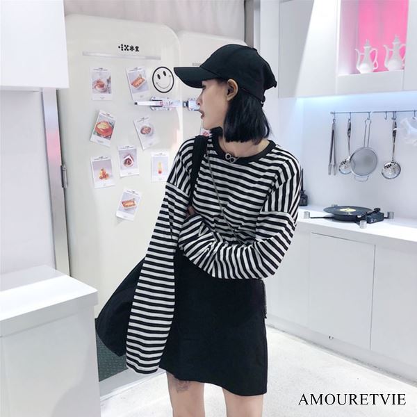 Tシャツ 長袖 ボーダー 白黒 赤黒 カジュアル ストリート ピープス 韓国ファッション 19 Amouretvie モレヴィ