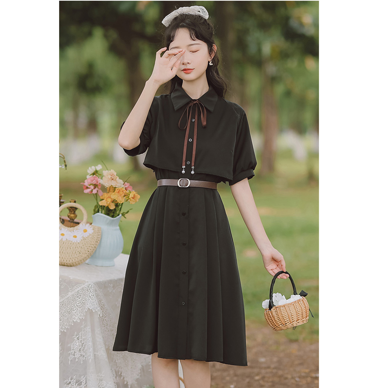 書槿笙シリーズ ロング丈ワンピース 3color 緑orベージュor黒 清楚 可愛い 夏 半袖 シンプル Elegant