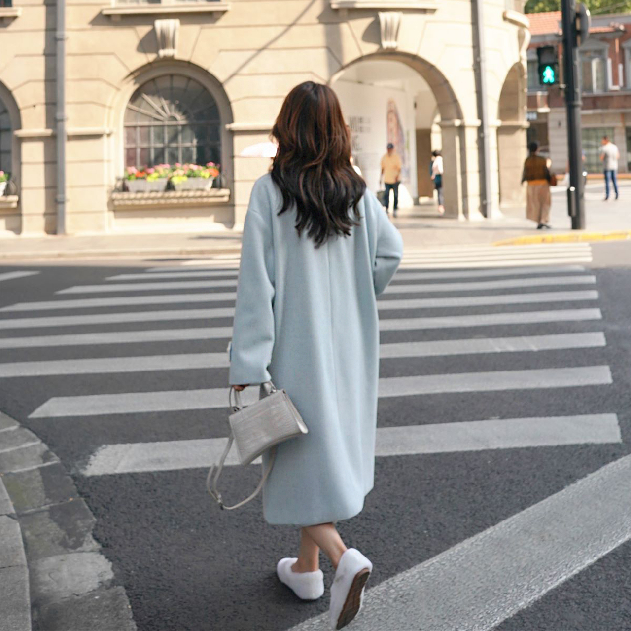 Regit 即納 Sky Blue Duffel Long Coat 韓国ファッション ロングコート かわいい 冬用アウター 10代代 コート かわいいコート スカイブルー ダッフルコート ラウンド襟 丸いえり Regit