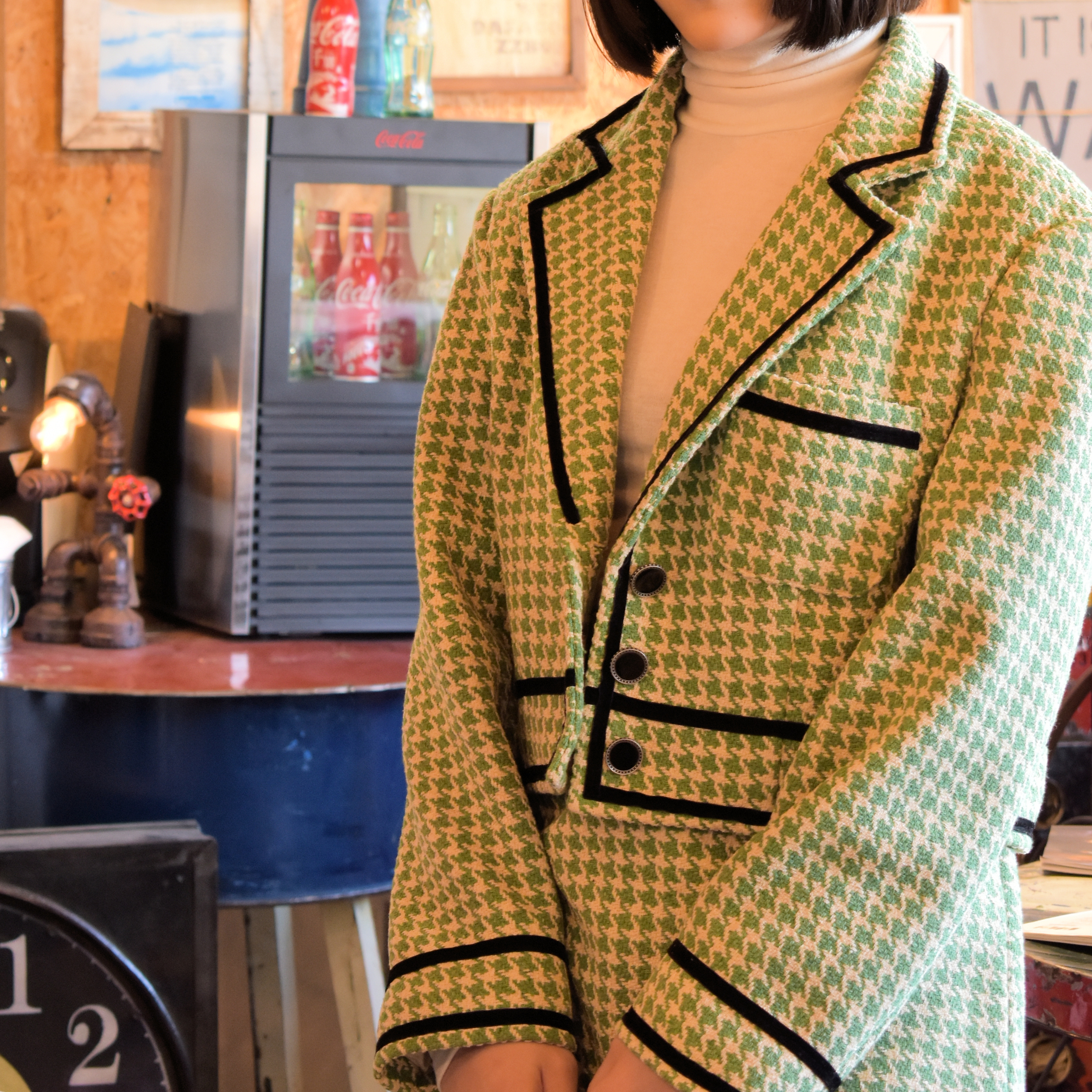 千鳥格子柄ショート丈ジャケット セットアップアイテム 韓国 Uku Com