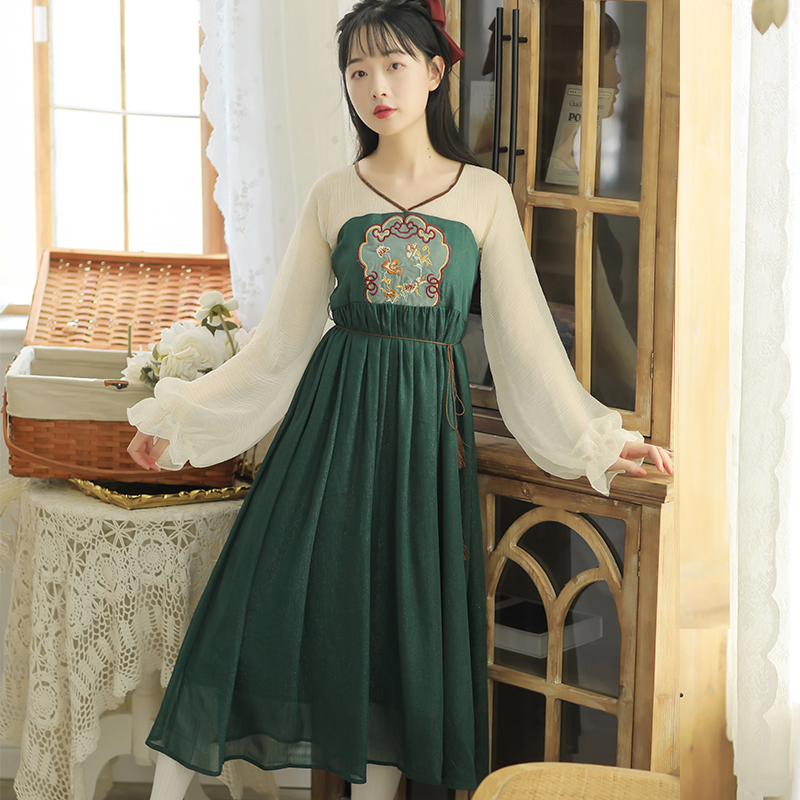 チャイナ風ワンピース チャイナ風服 改良漢服 Vネック 長袖 ロング丈 シフォン グリーン 緑 Elegant