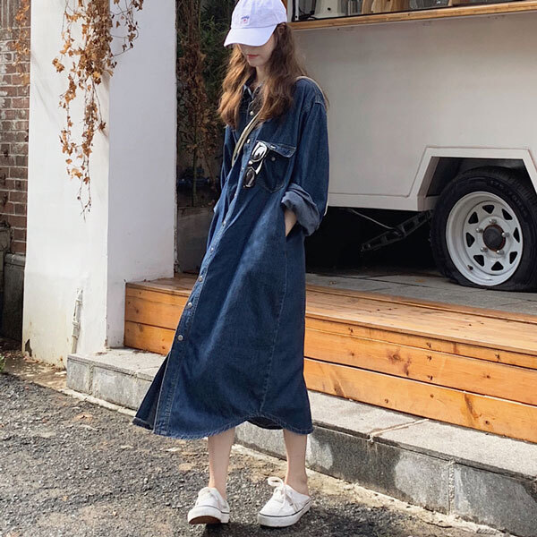 翌営業日発送 デニムシャツワンピース ワンピ デニム シャツ シャツワンピ ロングワンピース スカート 長袖 かわいい 人気 レディース 安い 韓国ファッション 9597 Sinsakumall
