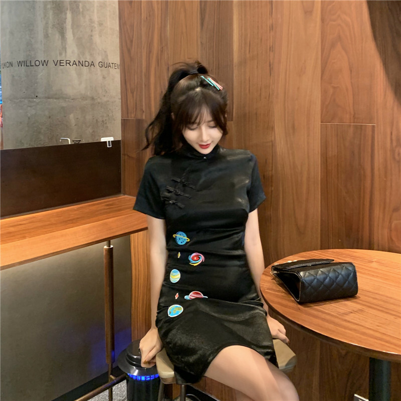 チャイナ風ワンピース チャイナ風服 中華服 改良唐装 改良漢服 スタンドネック 半袖 ショート丈 可愛い 普段着 デート 黒い ブラック S M 改良型 チャイナドレス Elegant