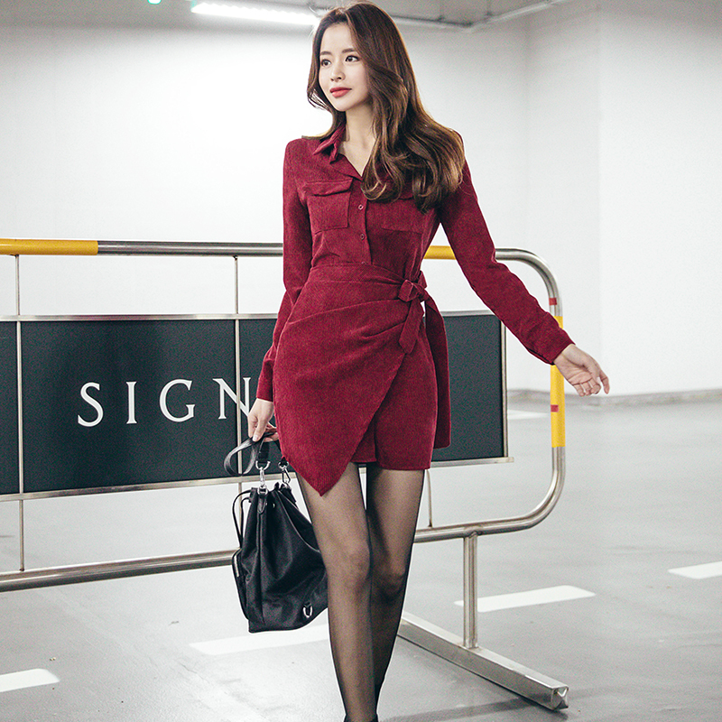 One Piece Corduroy Sexy ワンピース シャツワンピ コーデュロイ ワインレッド 無地 ミニ丈 ハイウエスト ウエストリボン ウエストマーク 長袖 アシンメトリー タイト スリム 大人 可愛い セクシー シンプル きれいめ カジュアル 上品 オシャレ デイリー お出かけ デート