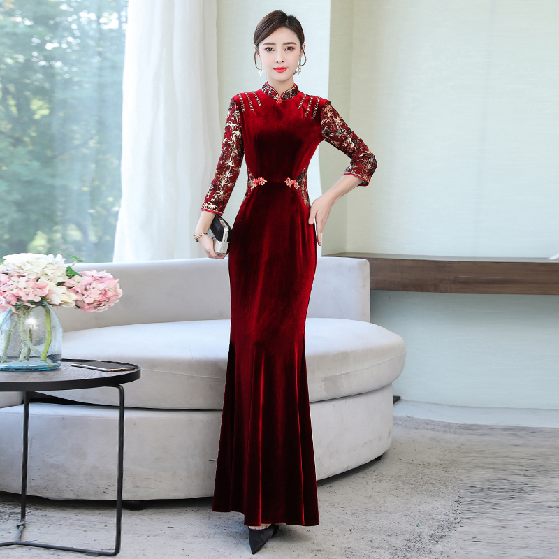 チャイナ風ワンピース ベルベットチャイナドレス ロング丈チャイナドレス チャイナ風服 中華服 S M L Ll 女子会 二次会 同窓会 パーティー ワインレッド 赤い 気質よい Elegant