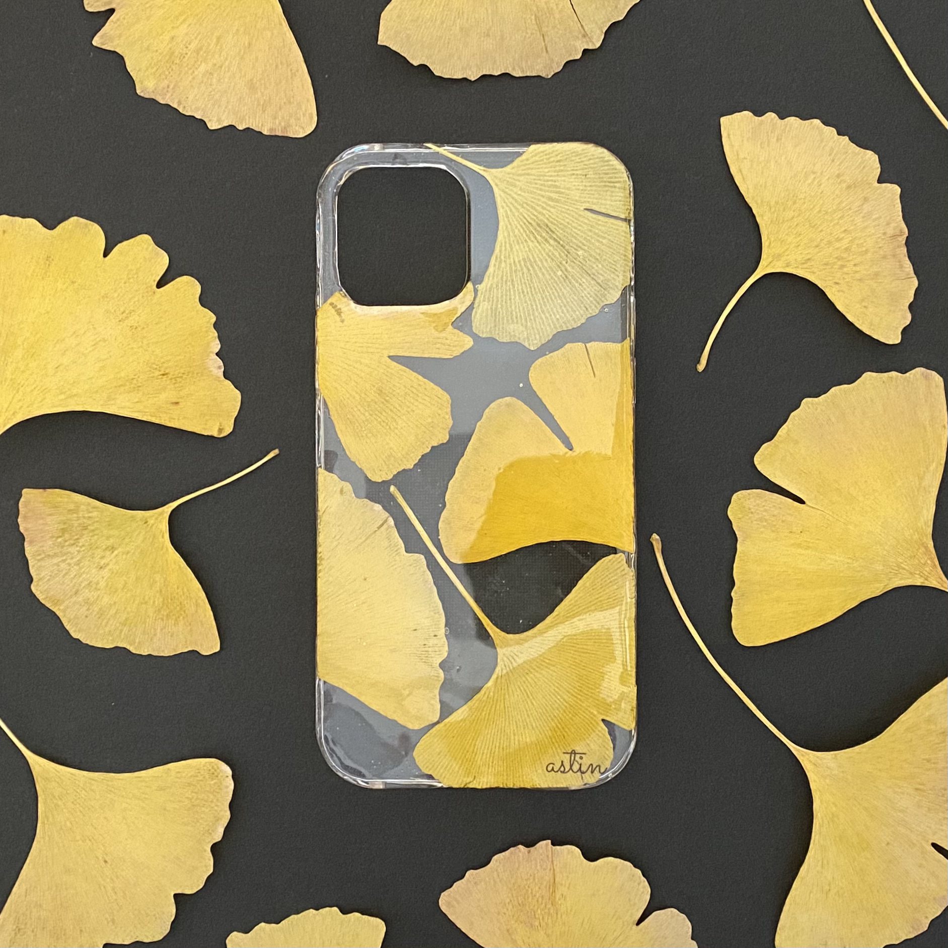 イチョウの葉 押し花 スマホケース Astin Muhler 押しフルーツスマホケースで通話姿も美しく
