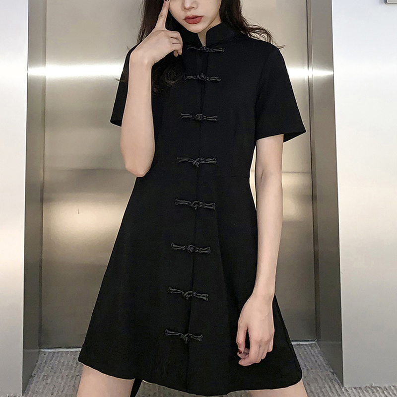 Lazysシリーズ チャイナ風ワンピース ショート丈 セクシー 半袖 可愛い ブラック 黒い 中華服 Elegant