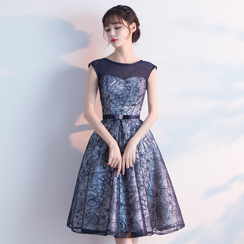 ノースリーブ ネイビー パーティードレス 膝丈 結婚式 二次会 衣装 D044 Cunead