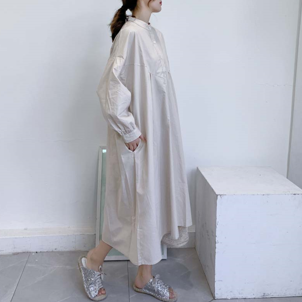 コットンリネン ワンピース ミモレ丈 Aライン シャツワンピース ナチュラルテイスト 大人 秋 Hahimi Shop