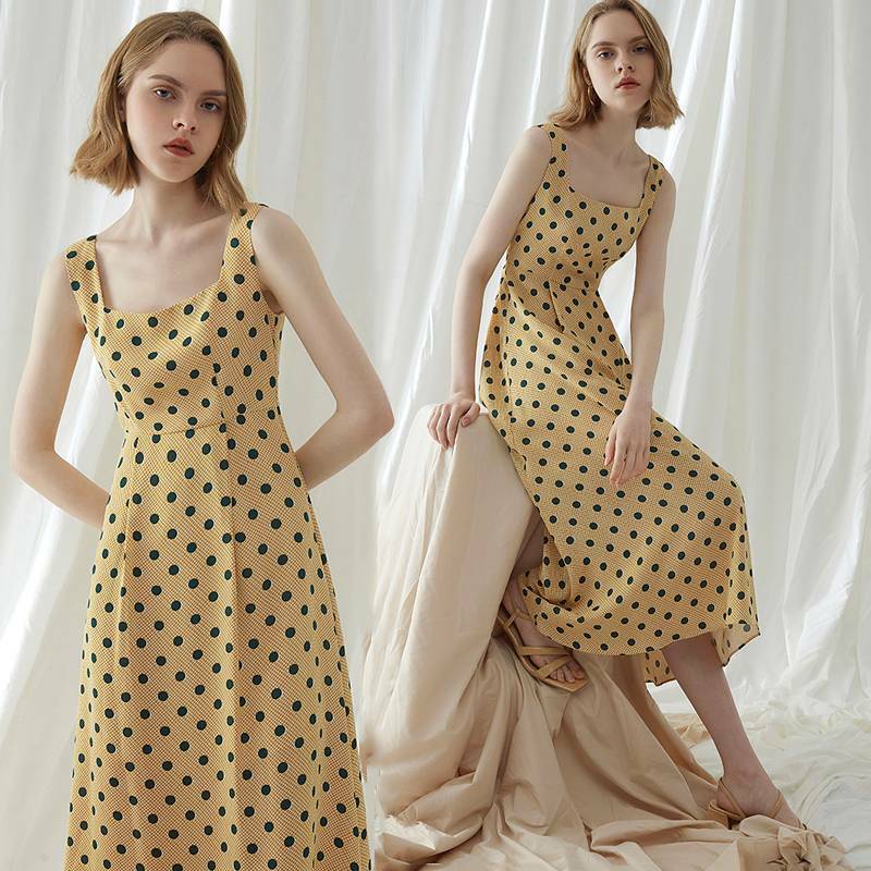 ワンピース レディース ノースリーブワンピース レトロワンピース 膝下 ワンピ 水玉 ハイウエスト ドット柄 チェック柄 韓国服 Happy Toon