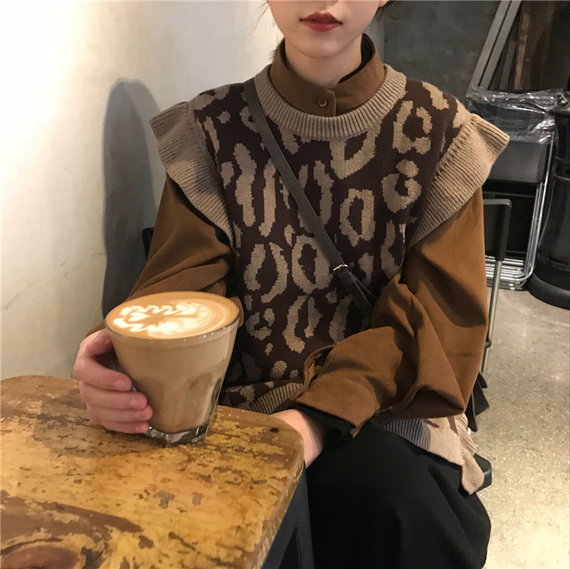 2color レオパード柄 フレア ニット ベスト ヒョウ柄 ロング丈 Qrea Style プチプラ 韓国ファッション