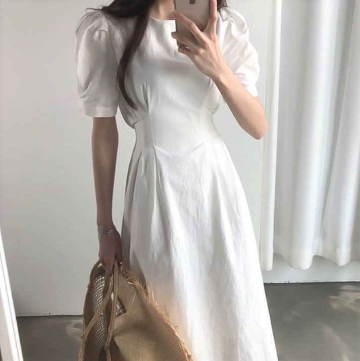 送料無料 上品な美シルエット ワンピース ロング シンプル デート パフスリーブ 脚長効果 モテコーデ Lamitte Deco トレンド 韓国ファッション ショップ