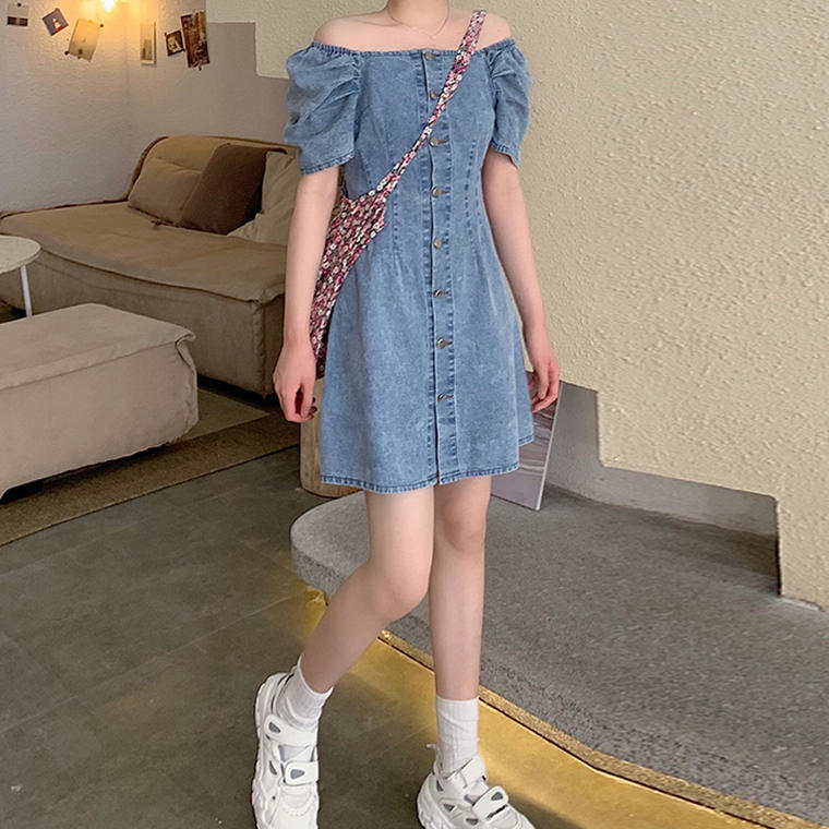 送料無料 デニムコーデ 大人可愛い カジュアル デニム ミニ丈 ワンピース スクエアネック オフショルダー Lamitte Deco トレンド 韓国ファッション ショップ
