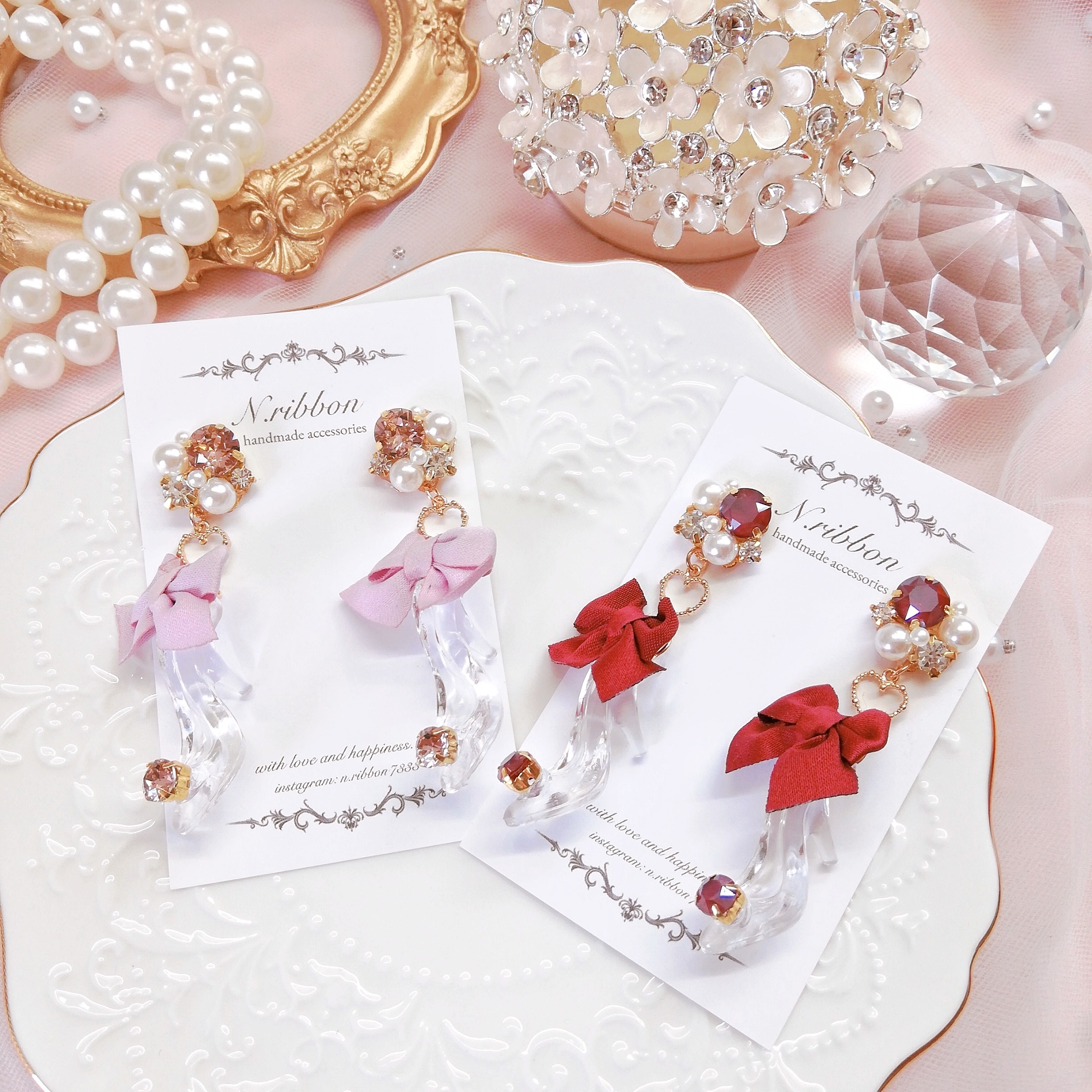 Swarovski Glass Shoes スワロフスキー ガラスの靴 ピアス イヤリング N Ribbon Handmadeaccessories
