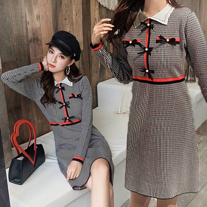 ワンピース レディース 格子縞ワンピース レトロワンピース リボン レトロ Aライン 韓国 オルチャン 襟付き 切替え 総柄 Happy Toon