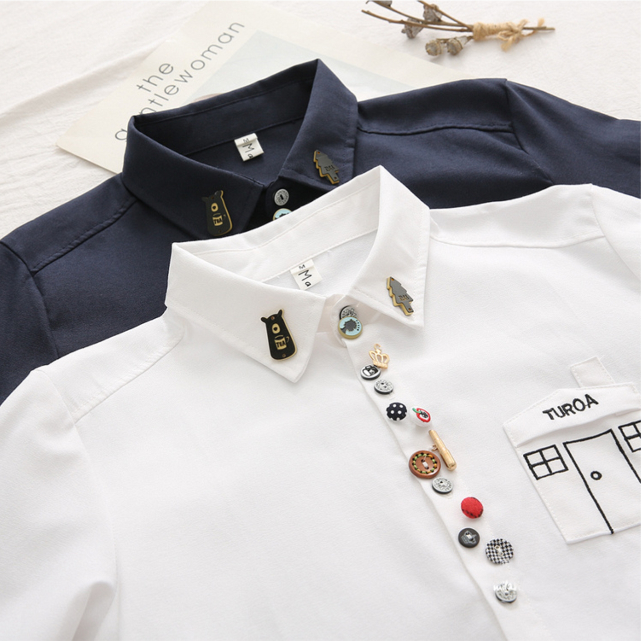 Regit Adornment Button Shirts Navy 韓国ファッション 森ガール おしゃれ シャツ 白シャツ かわいいシャツ ユニーク 個性的なファッション Regit