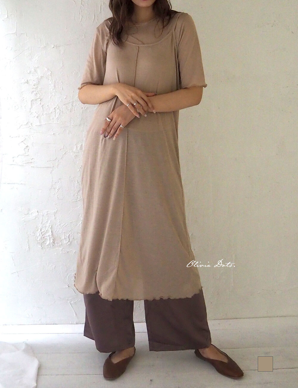 シアーキャミソールワンピース 五分袖トップス メロウデザイン セットアップ 重ね着 レイヤード Olivia Dots