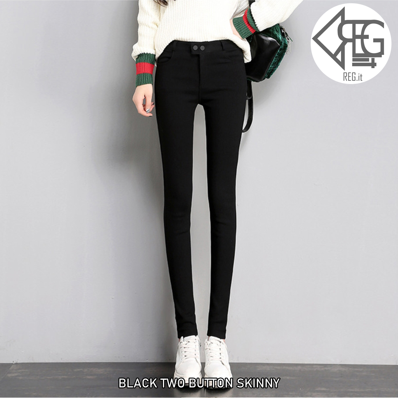 Regit 即納 Black Two Button Skinny 韓国ファッション スキニー 細見えパンツ パンツ スリム 美脚効果パンツ 10代代 Regit