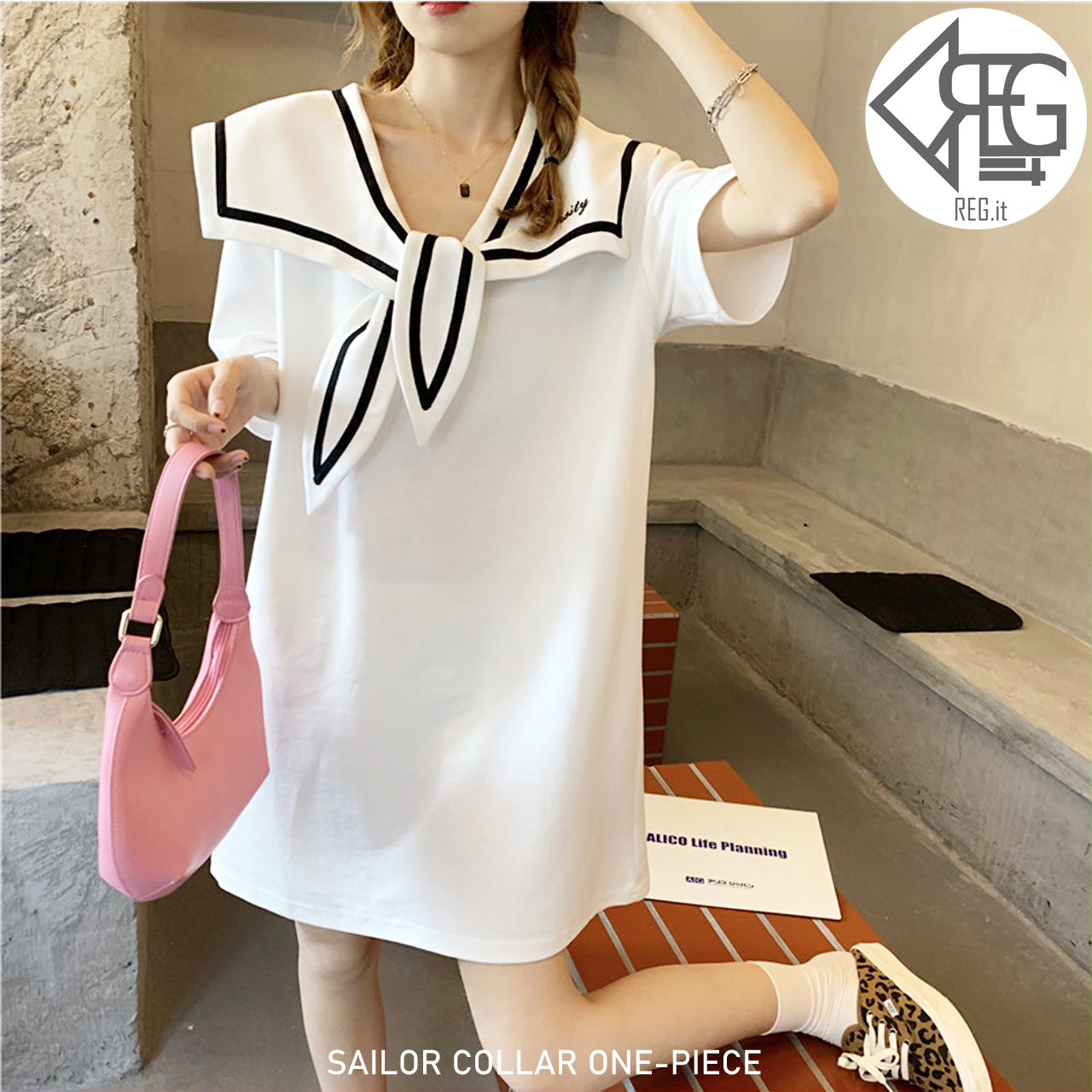 Regit Sailor Collar One Piece White S S 韓国ファッション ワンピース ひざ上 セーラー マリン 夏 カジュアル 大人かわいい 10代 代 プチプラ 着回し 着映え ネット通販 Tac012 Regit