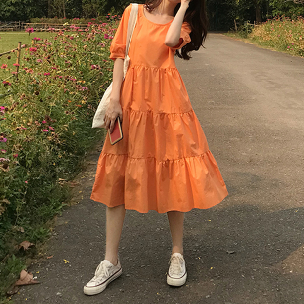 One Piece Tiered Simple ワンピース シンプル 無地 2色展開 オレンジ ミントグリーン ティアード プルオーバー ラウンドネック ハイウエスト 五分袖 バックリボン ゆったり 楽ちん おしゃれ 甘め ガーリー 可愛い ナチュラル きれいめ 大人 カジュアル お出かけ デイリー