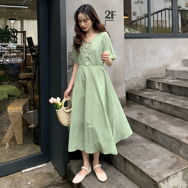 レトロ 半袖 ワンピース ロング丈ワンピース レディース Vネック 5104 Macaron