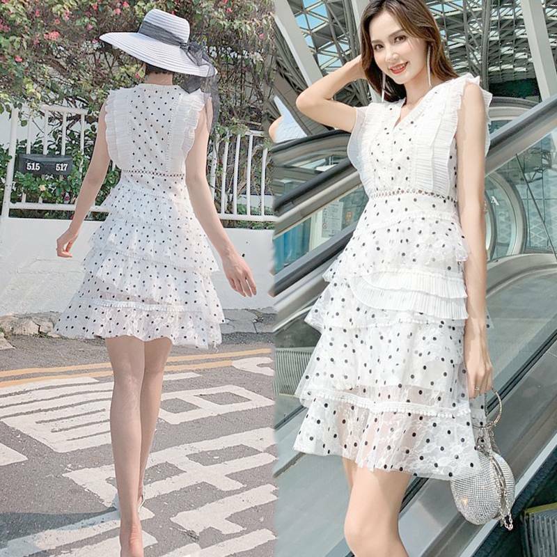 ワンピース レディース ドット柄ワンピース ミニワンピース ショート ワンピ 水玉 レース 透け感 Vネック ハイウエスト 白 Happy Toon