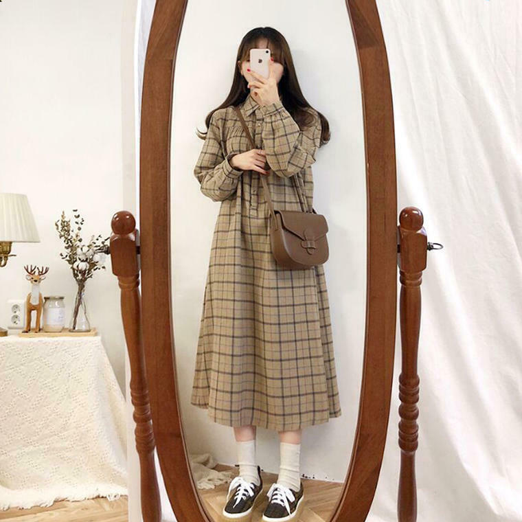 ワンピース チェック 秋カラー ロング ワンピース 襟付き ゆったり カジュアル ガーリー 5591 人気プチプラレディース韓国ファッション新作通販 Aliceholly アリスホーリー