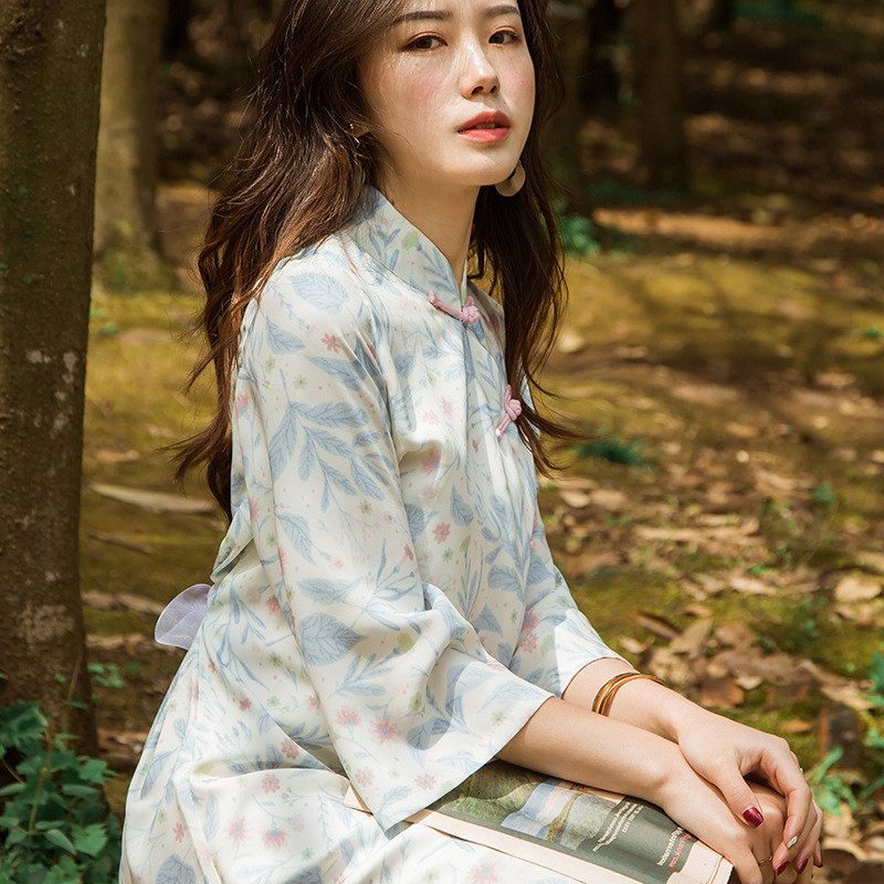 チャイナ風ワンピース チャイナ風服 中華服 改良型チャイナドレス スタンドネック 七分袖 ショート丈 着痩せ 可愛い シフォン プリント 普段着 Elegant