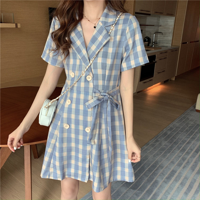 チェック柄 ワンピース ジャケット風 Aライン 韓国ファッション レディース ダブルボタン 半袖 折り襟 ハイウエスト レトロ Dtc Value Rave Notice バリューレイヴノーティス 韓国ファッションやハワイアンジュエリーなど海外通販