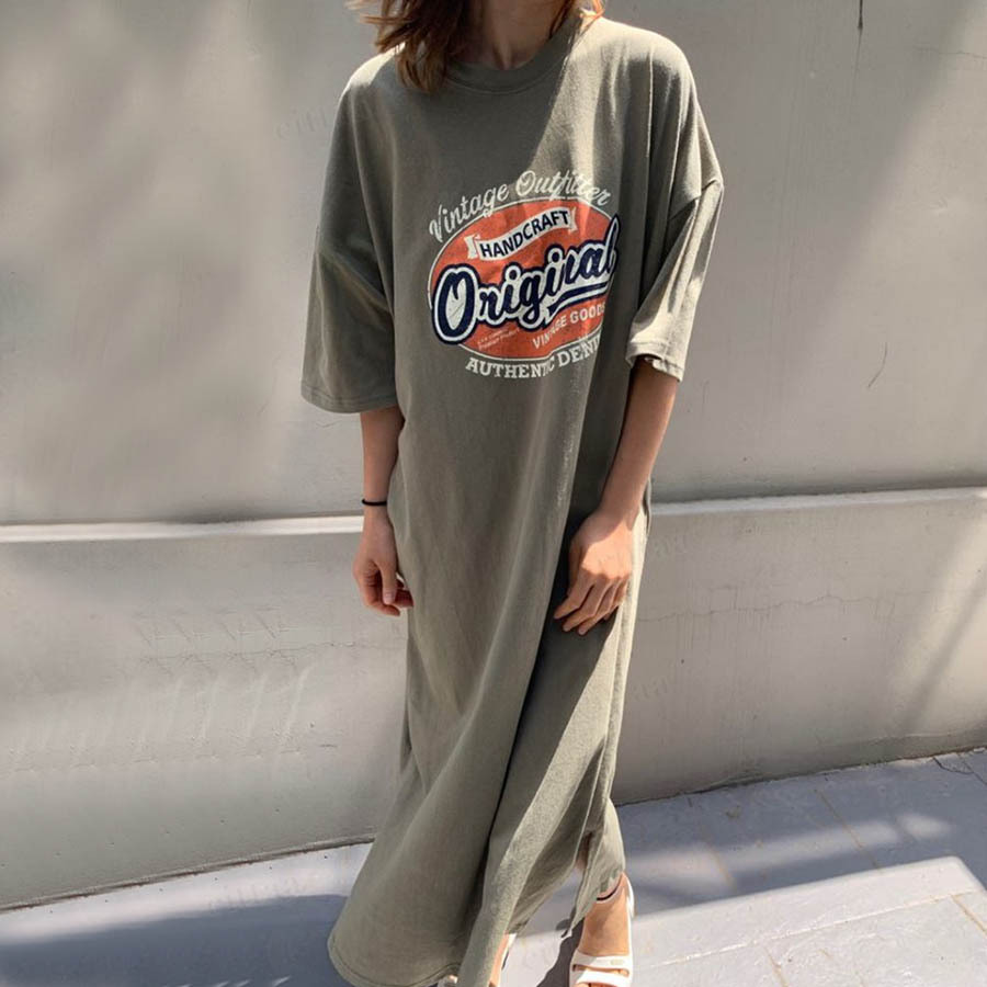 Y 1527 Originalプリントロングtシャツワンピース カーキ 0514 Cittaa チッタ 韓国レディースファッション通販