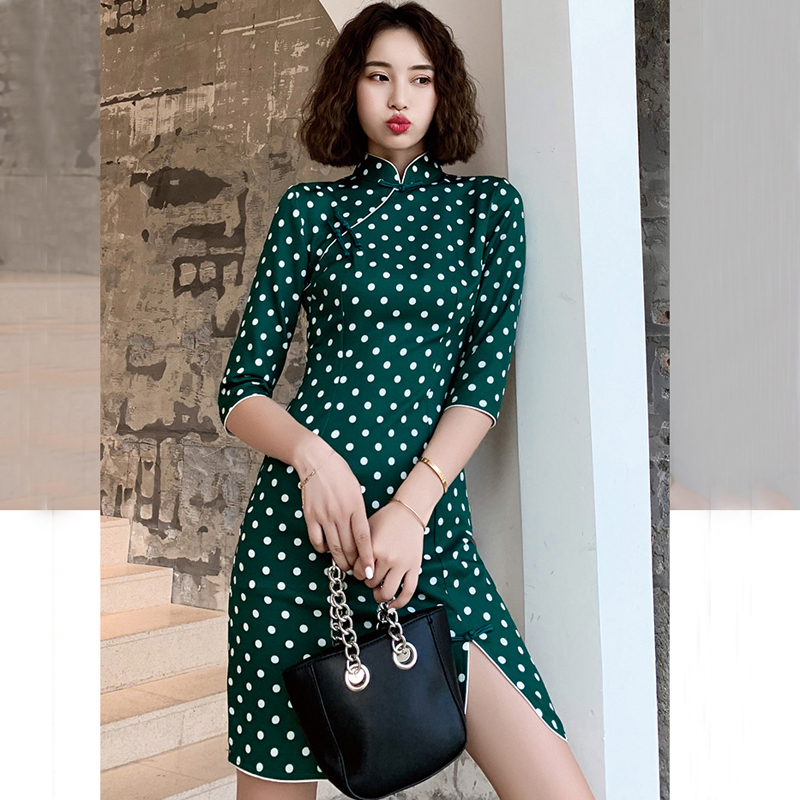 ミニ丈チャイナドレス ドット柄チャイナドレス チャイナ風ワンピース チャイナ風服 中華服 二次会 女子会 同窓会 スタンドネック 五分袖 大きいサイズ S M L Ll 3l 4l 可愛い グリーン 緑 Elegant