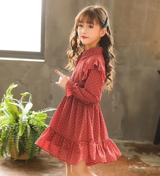 ドット柄 シフォン シャツ ワンピース 110 150cm 赤 フリル 春服 長袖 ガーリー 女の子 可愛い Aライン フレア スカート 19s S 韓国 子供服 P065 A Dear Child
