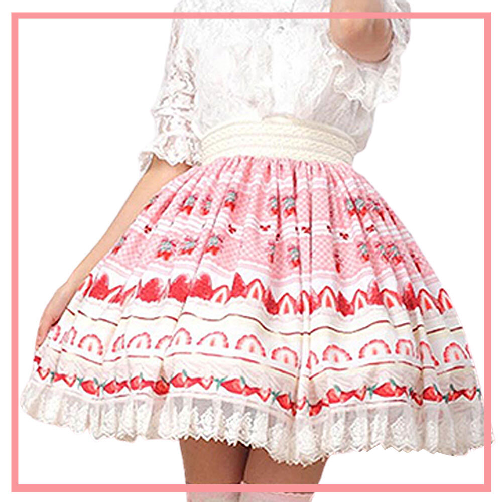ロリィタプリントピンクストロベリーハイウエストスカート Black Lotus